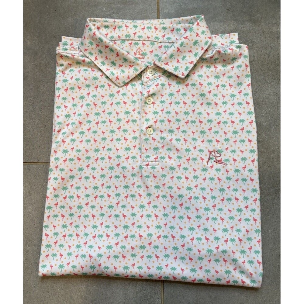 Rhoback Polo Shirt Mens 2XL White Flamingo Palm Tree Golf Tropical *Small Flaw*